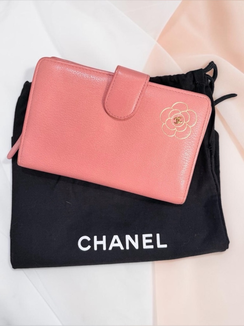 CHANEL Camellia L-Zip Pocket Wallet Pink Lambskin Gold Hardware + Dust Bag